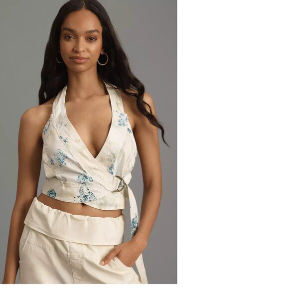 Anthropologie Cream and Blue Wrap Top - Picture 1 of 7